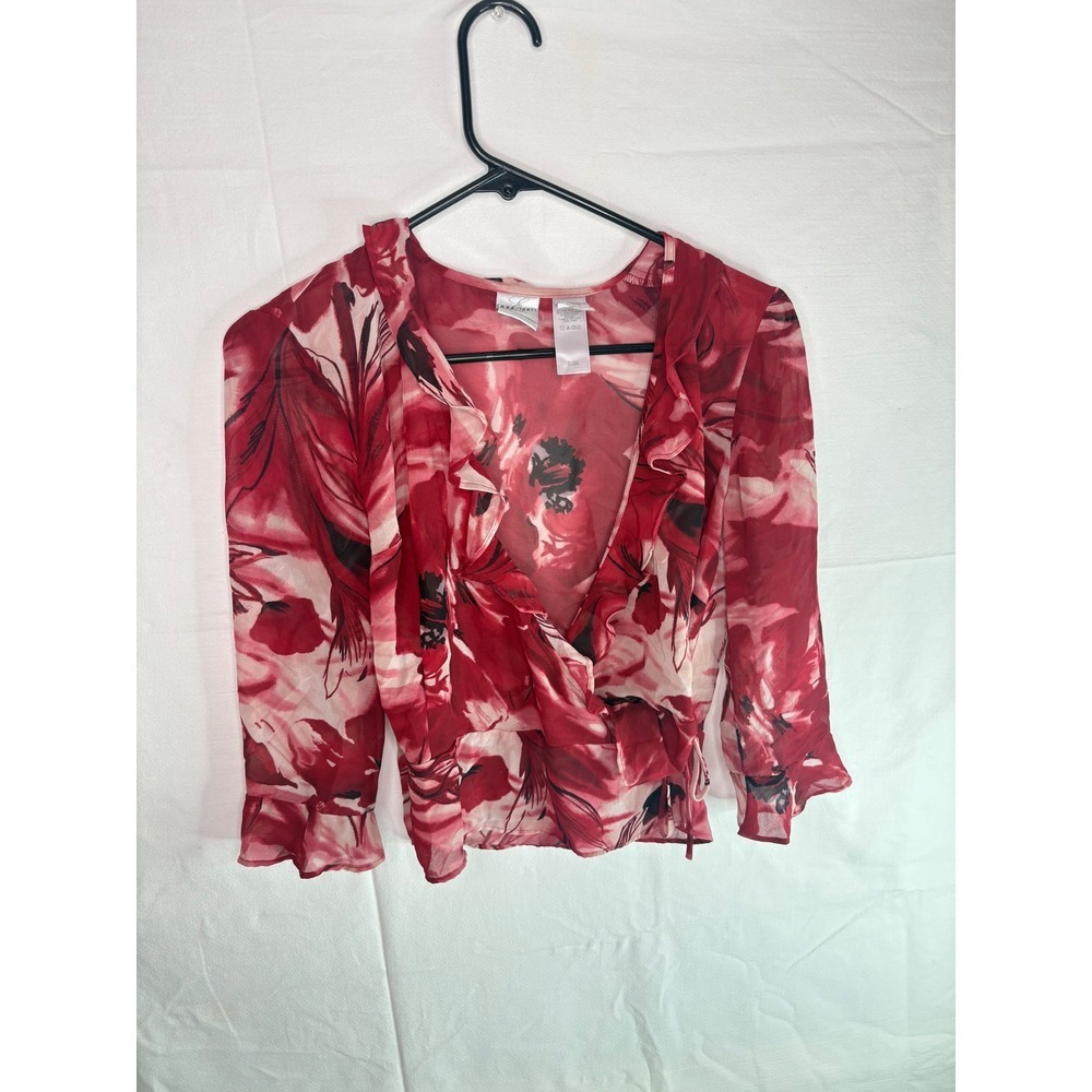 Y2K Emma James Red Floral Chiffon Ruffle Wrap Blouse Petite 4 3/4 Sleeve Top